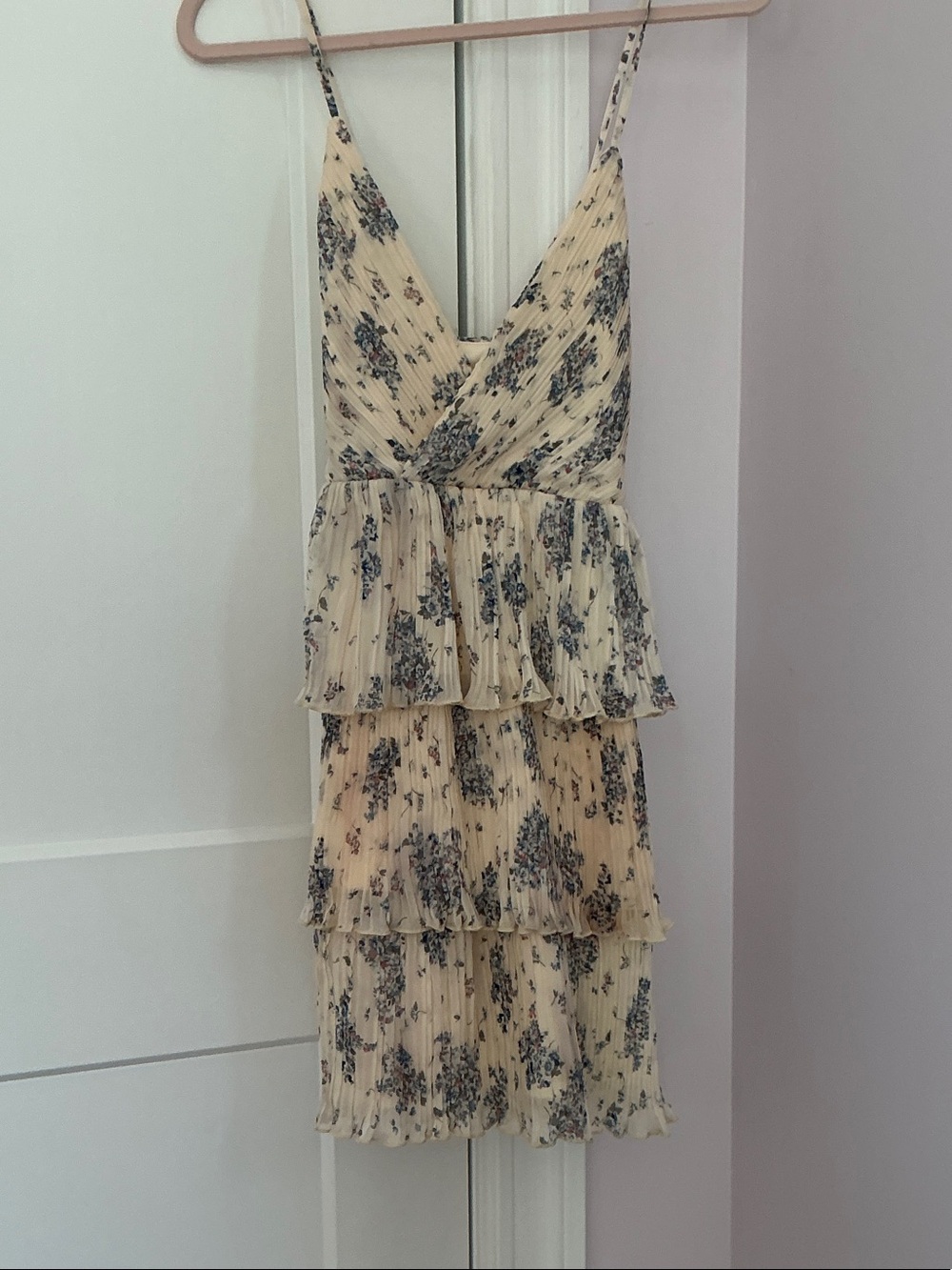 Altar'd State Cream Floral Tiered Slip Dress with Blue Print
